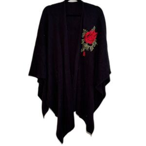 A&O International Embroidered Rose Poncho Cape Black One Size